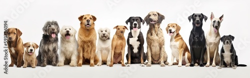 Group of mixed breed dogs sitting in a row on white background. Domestic Animal Banner concept. Generative AI