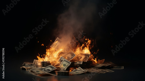 A hundred dollar bill in American US currency is on fire. AI generated