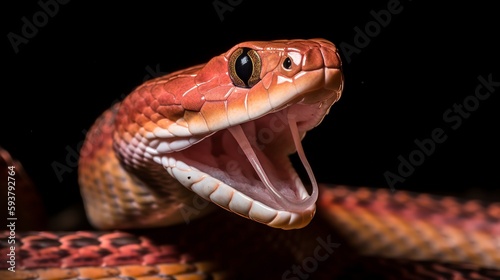 A close-up of a corn snake, its head lifted and tongue flicking out
