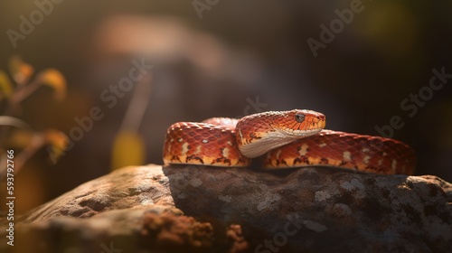  A corn snake basks on a rock in the sun, its scales gleaming in the light