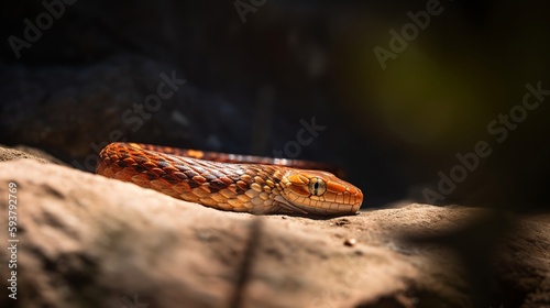  A corn snake basks on a rock in the sun, its scales gleaming in the light