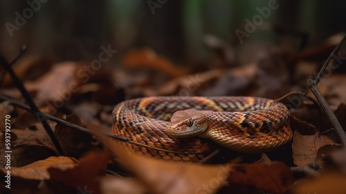 A corn snake moves through a forest, its scales blending in with the leaves and branches