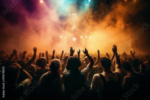 Open air concert, crowd partying stage lights live concert summer music festival. AI generated, human enhanced