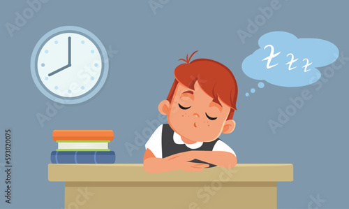 Boy Falling Asleep with Head on the Desk During. Class Vector Cartoon IllustrationChild failing school because he is feeling exhausted and burnout 