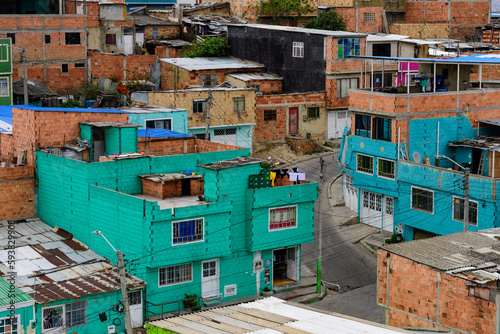 panoramic overview of a shanty town in the district ciudad bolivar in bogota, colombia