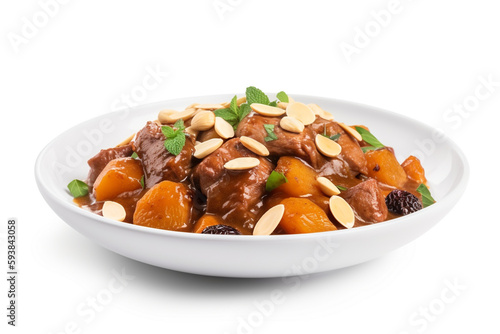 A plate of lamb tagine with apricots and almonds