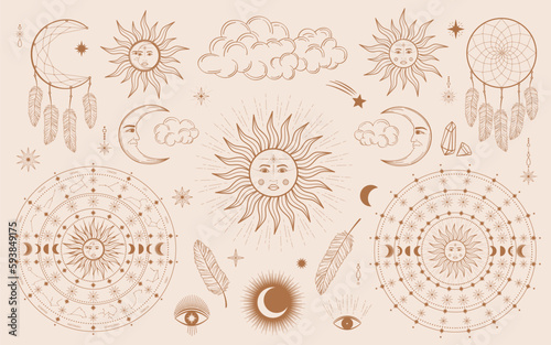 Hand drawn set of mystical Sun with woman's face, moon, dreamcatcher, feather, zodiac symbol, star in line art. Spiritual celestial space, constellation, horoscope, magic talisman vector illustration