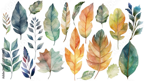 Set of watercolor colorful leaves elements. Collection watercolor colorful leaves clipart isolated on transparent background.