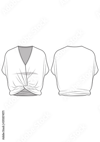 Women's drop shoulder dolman v-neck loose fit top with front twist drape detail technical drawing / flat sketch /CAD / ADOBE Illustrator vector digital download 