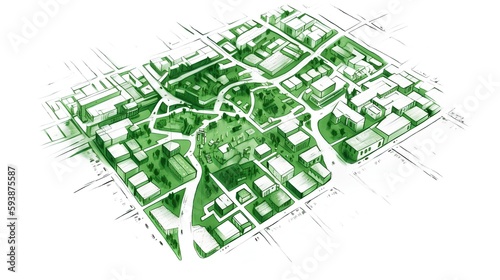 Urban planning sketch highlighting sustainable elements like green spaces, public transportation, and pedestrian zones - Generative AI