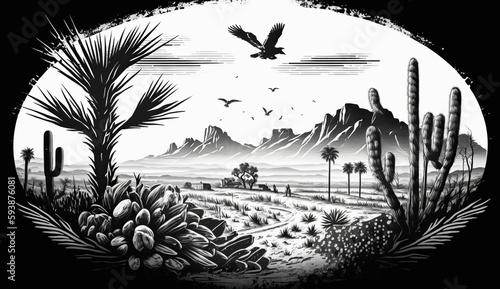 AI Generated. AI Generative. Native american western scene background with and rocks landscape. Can be used for home decoration. Wild west. Black and white. Graphic Art