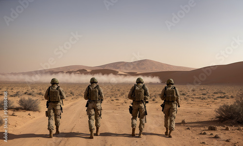 Team airborne infantry men with weapons moving patrolling desert storm. Sand, blue sky on background of squad, sunlight, front view. generative ai