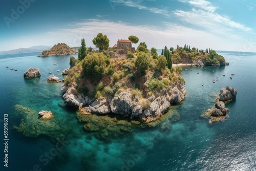 Panoramic view of Isola Bella, small island near Taormina, Sicily, Italy. Generative AI