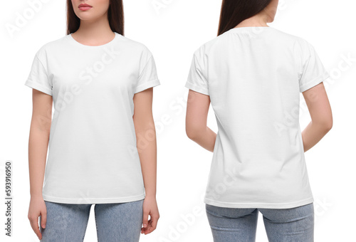 Woman wearing casual t-shirt on white background, closeup. Collage with back and front view photos. Mockup for design