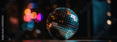 Beautiful Silver And Colorful Disco Ball In The Dark Background Panoramic Banner. Generative AI