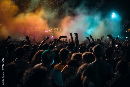Crowd of fans at colorful concert. Generative AI
