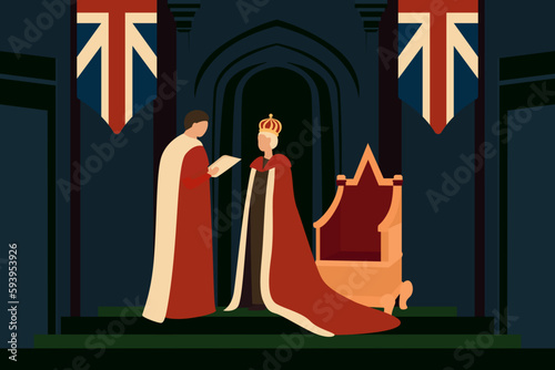 Coronation day illustration, silhouettes of people, coronation of the king, flag of England, vector