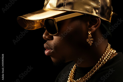 Stylish man, rapper in golden outfit, futuristic fashion. AI