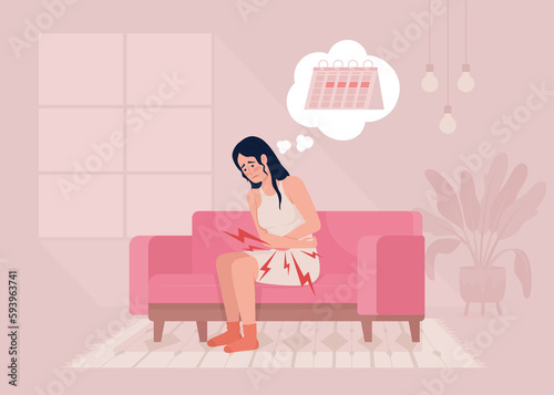 Lower abdominal pain during menstrual cycle flat color raster illustration. Young woman with painful periods. 2D simple cartoon character with cozy living room interior on background