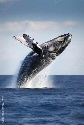 Amazing whale jumping in the ocean. Generative AI vertical shot