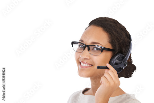 Customer support, happy and portrait of woman with mic on isolated, png and transparent background. Call center, communication and face of female worker smile for consulting, service and crm business