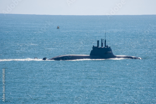 Royal Navy Submarine within the breakwater area of Plymouth Sound Devon England