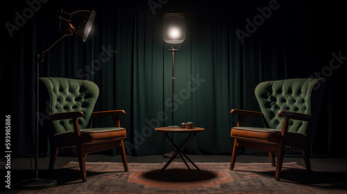 Stylish interior, two chairs, studio light, interview scene. Al generated