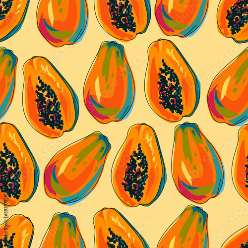 Seamless pattern with papaya fruits. Bright colorful fruits on a beige background. A whole papaya and half a fruit. Hand drawn in outline sketch style. Tropical and exotic. Cartoon design. Vector.