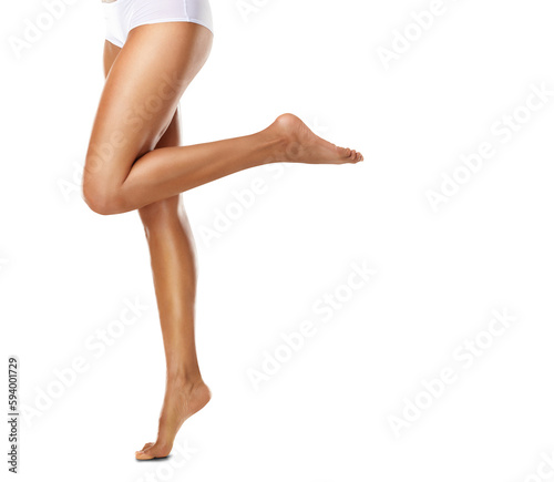 Legs, skincare and transparent with a model woman isolated on a PNG background for beauty or hair removal. Wellness, laser and body care with a female posing for natural treatment or cosmetics