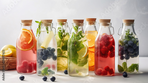 Bottles of tasty infused water on light background. Generative Ai