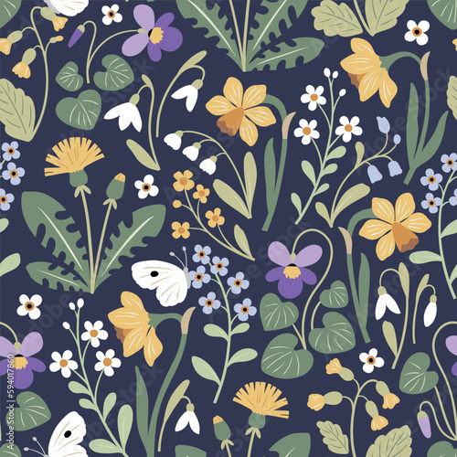 Seamless vector pattern with spring wildflowers and butterflies on dark blue background. Perfect for textile, wallpaper or print design.