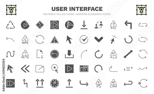 set of user interface filled icons. user interface glyph icons such as recycable, curvy road ahead, exchange personel, curve left arrow, bending, curve arrow, mouse arrow, forward button, no