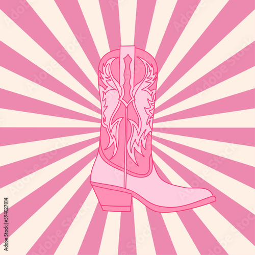 Retro pink cowgirl boot with ornament on aesthetic spiral ray burst background. Cowboy western and wild west theme. Hand drawn vector design for postcard, t-shirt, poster, print, sticker