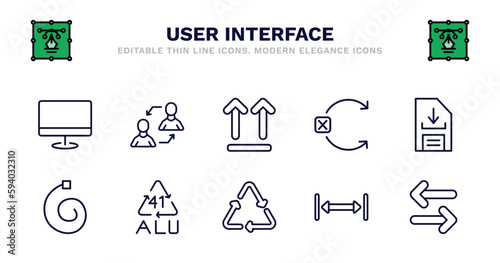 set of user interface thin line icons. user interface outline icons such as exchange personel, up side, no tittling, download data, spiral tool, 41 alu, recycable, gap, opposite directions vector.