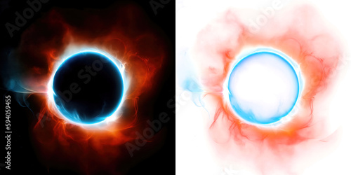 A circular ring of lightning, illuminated by a magical fire light effect, frames a plasma portal on black and transparent background. Blue hologram neon circles, enchanting atmosphere. Generative AI