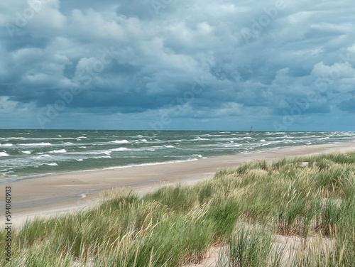 beach and sea with sandy beach and green grass, stormy sky, beautiful view