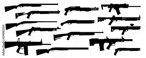 Weapons silhouette set. Collection of various shotguns. Vector illustration