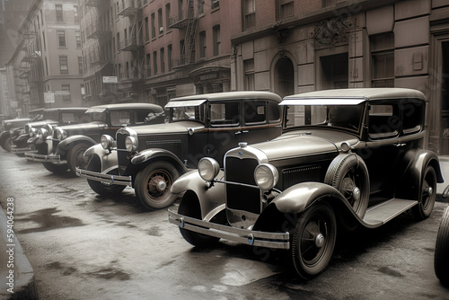 illustration of cars in the 1930s parked in the street during a mafia meeting, Generative Ai.