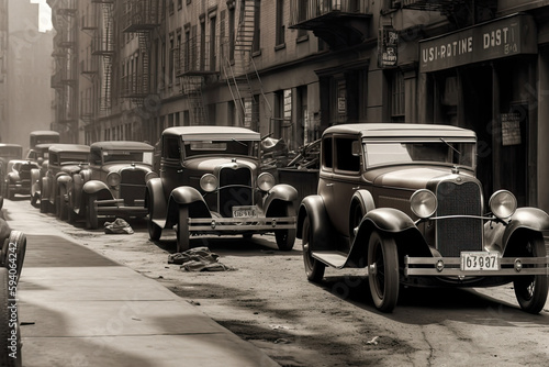 illustration of cars in the 1930s parked in the street during a mafia meeting, Generative Ai.