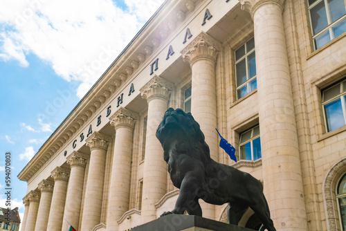 The Building of Court House and a bronze lion in Sofia, Bulgaria.