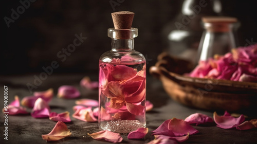 Concept of pure organic essential rose oil. Elixir with plant based floral Pink flowers with candle Generative AI