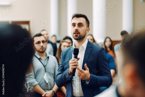Man speaking at a business conference or product presentation. Business and entrepreneurship symposium. High quality generative ai