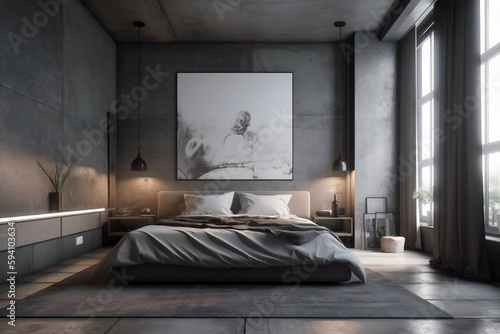 Modern minimalistic bedroom interior with a big empty wall with paint, front view, cinematic, 4k, 3d render, photorealistic, hyperrealistic, CGI, 4K fully detailed, octane render, unreal engine, dept