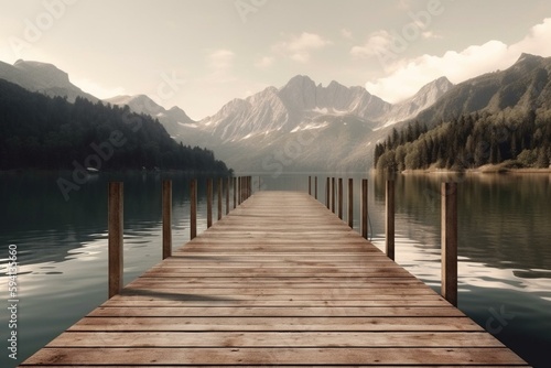 Wooden pier overlooking a tranquil lake surrounded by picturesque mountains. Generative AI