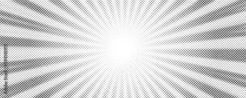 Sun rays halftone background. White and grey radial abstract comic pattern. Vector explosion abstract lines backdrop