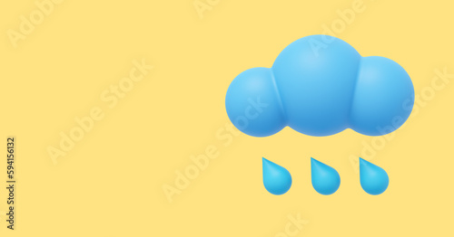 Blue cartoon cloud with rain. 3D rendering. Icon on yellow background, space for text.