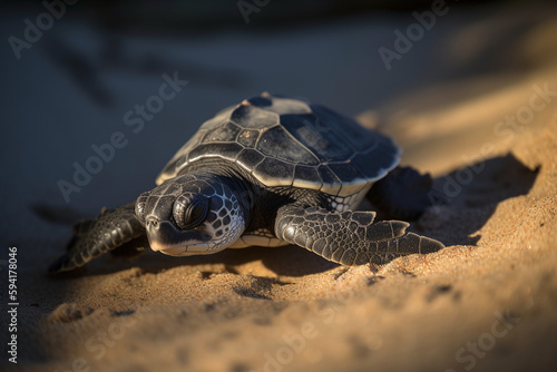 Portrait d'un bébé tortue se dirigeant vers l'océan » IA générative