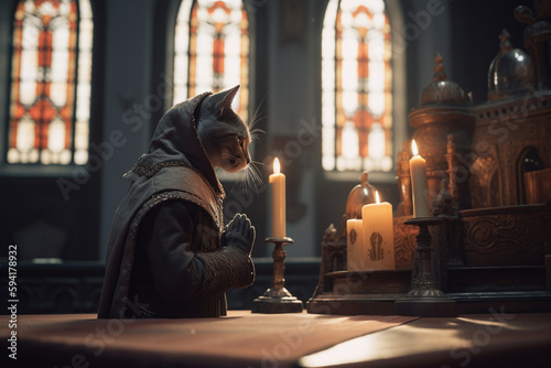 Chat en habit de prêtre priant dans une église » IA générative