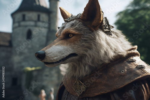 Portrait d'un loup dans un château au moyen age » IA générative