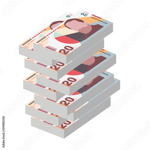 Georgian Lari Vector Illustration. Georgia money set bundle banknotes. Paper money 20 GEL. Flat style. Isolated on white background. Simple minimal design.